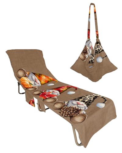 Fall Gnomes Beach Lounge Chair Towel Cover, Soft Chaise Lounge Towel with Side Pockets Patio Pool Chairs Cover for Beach/Pool Sunbathing 29x85 Thanksgiving Pumpkin Maple Leaf Welcome