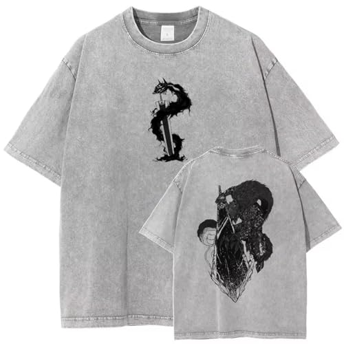 Hombres Washed Camiseta Hip Hop Streetwear Anime Berserker Impresión Gráfica Oversize Tripas Camiseta Manga Corta Algodón Loose Vintage Tops