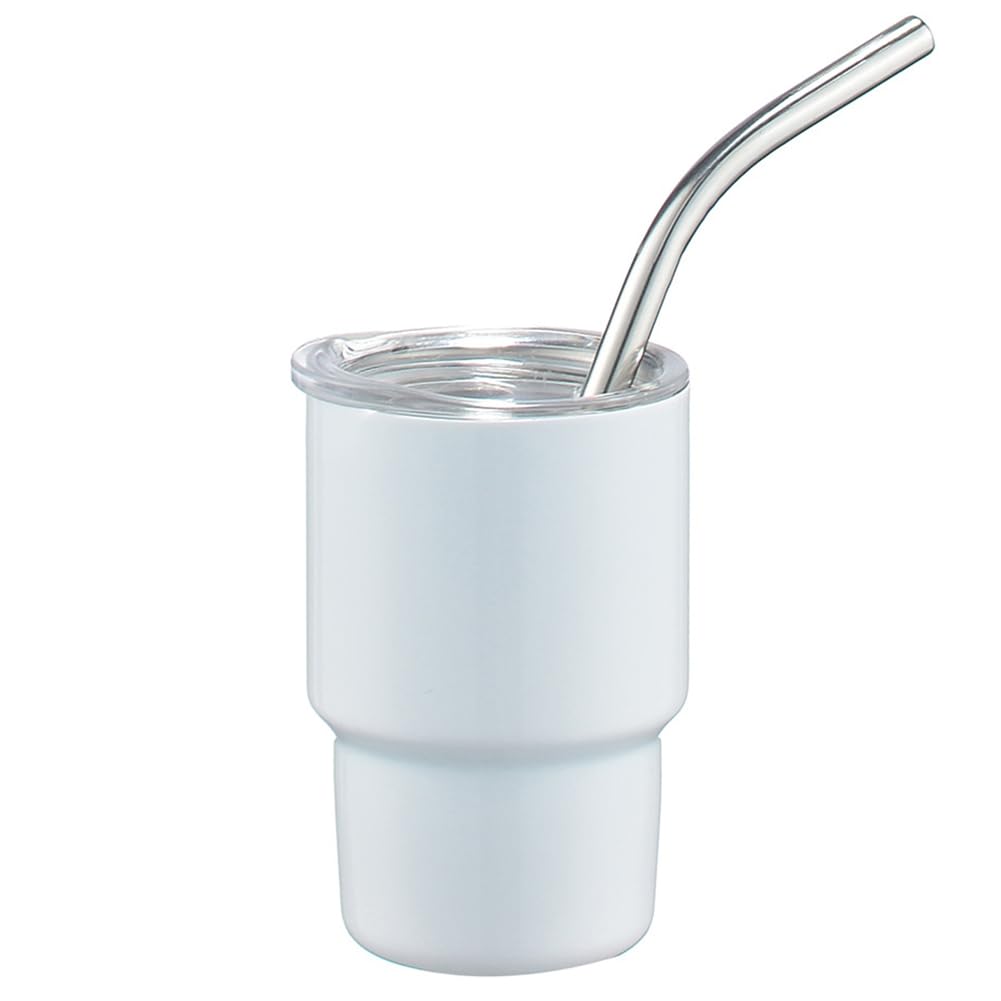 VakerZon 3oz Stainless Steel Car Cup, 1pc Portable Colorful Coffee Cup Wine Glass With Straw, Small Water Bottle For Outdoor Camping Travel (White)