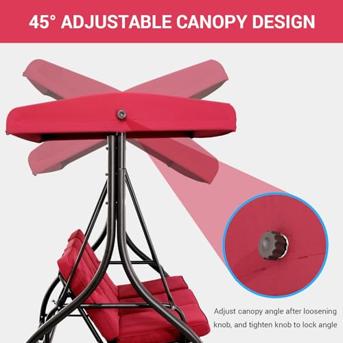MAMIZO 3-Seat Outdoor Patio Swing, Porch Swings, Backrest Bench Sets, Glider Swing Bed Chair W/Adjustable Canopy, Thickened Removable Cushions, for Outside Backyard, Garden, 750LBS(Burgundy)