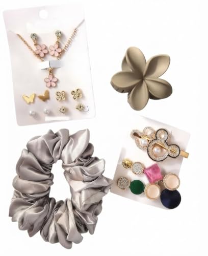 Image of Styling Fashion Accessories Gift Hamper Trendy flower Clutcher, flower Nacklace Chain with earring, Srunchies, 4 Tops earrings set and 3 Pins Clip with Box (Pack of 11)