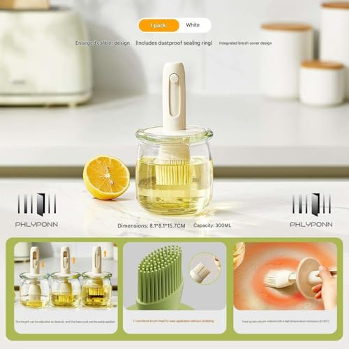Image of 300ml Glass Oil Dispenser Bottle for Kitchen with Retractable Handle, Leakproof Glass Jar, Kitchen Basting Brush for Cooking, Baking, BBQ. (White)