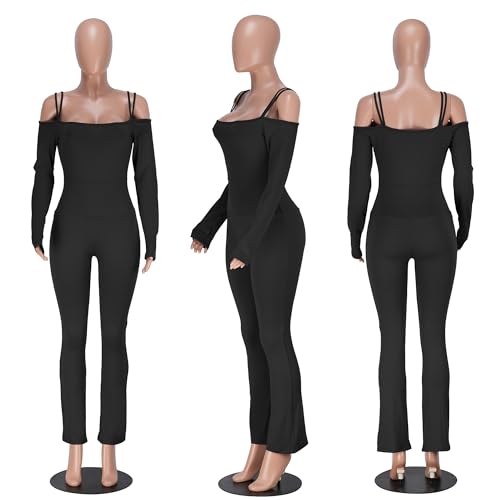Image of Jigfar Womens Sexy Elegant Spaghetti Straps Off Shoulder Bodycon 1 Piece Casual Flare Leg Jumpsuit(6013,Black,M)