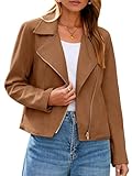 Glamaker Womens Faux Suede Jackets Long Sleeve Casual Cropped Zipper Biker Moto Jacket Fall Winter Outfits(Camel,Medium)