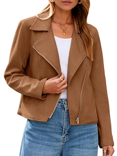Glamaker Womens Faux Suede Jackets Long Sleeve Casual Cropped Zipper Biker Moto Jacket Fall Winter Outfits(Camel,Medium)