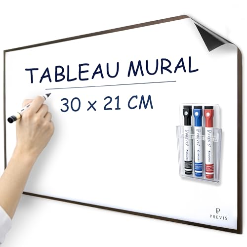 PREVIS Tableau Magnetique Mural Blanc Adhesif A4 30x21cm - 3 Feutres - Film Tableau Blanc Effacable Mural - Grand Rouleau Papier Aimanté Adhésif pour Maison,...