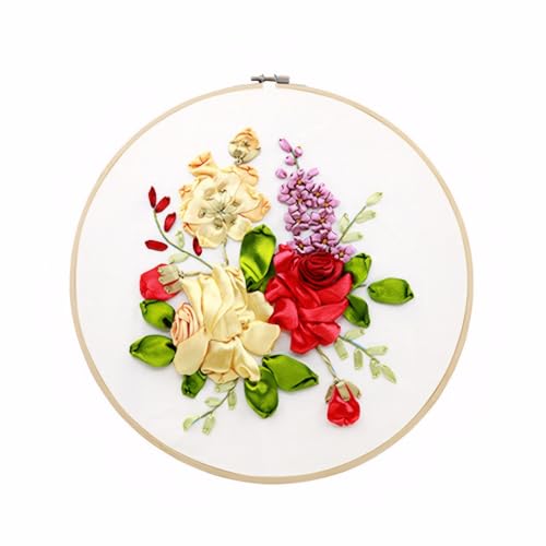 Image of Gogobear Silk Ribbon Embroidery Spring Flower Blooming Kit DIY Wall Decor | Stamp Silk Ribbon Embroidery Kit With Instruction, For Home Wall Decor, Handmade DIY Wall Decor