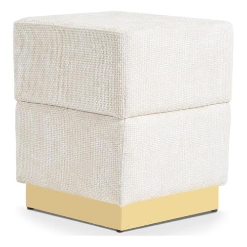 Furniture of America Renzo Modern 15-inch Chenille Cube Ottoman with Storage Compartment and Stainless Steel Base, Vanity Stool Chair, Small Foot Stool for Bedroom, Living Room, Entryway, Beige