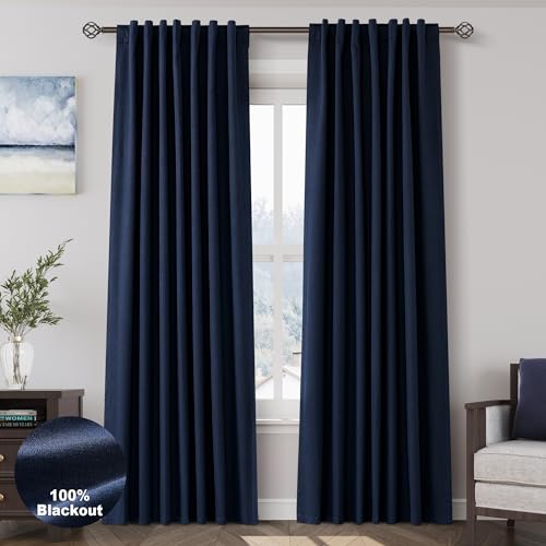 Image of Nanspring Navy Blue 100% Blackout Linen Curtains 84 Inch Length 2 Panels Set for Bedroom Back Tab Modern Luxury Nautical Decor Black Out Curtain for Living Room Office Thermal Insulated Drapes 52x84