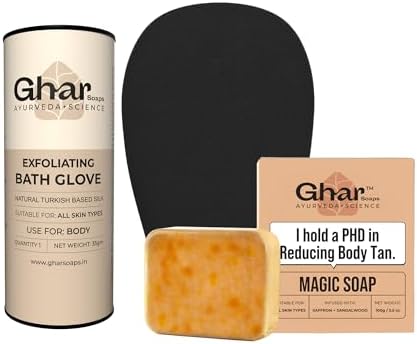 Ghar Soaps Exfoliating Body Gloves & Sandalwood Saffron Magic Soap 100Gm, Black | Paraben Free | Chandan & Kesar Soap | Handmade Soap For Men & Women | Glowing Natural Refreshing Skin | Tan Removal