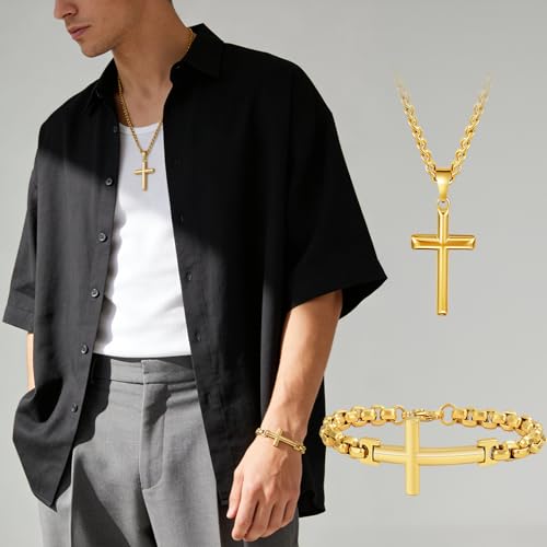 Cross Necklace and Bracelet Set for Men Women Stainless Steel Chain with Cross Pendant Beveled Edge Gold Crucifix Necklace Religion Jewelry Gifts for Him - Image 3
