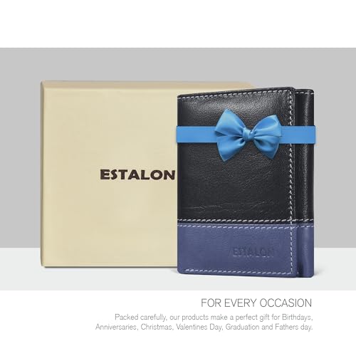 ESTALON Leather Tri Fold Wallet for Men | Slim RFID Protection Minimalist Wallet For Men | 1 Front ID Window, 6 Card Slots & 2 Slip Pockets | Premium Accessory Gifts for Men, Him | Black/Navy