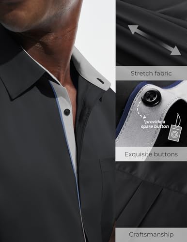 PJ PAUL JONES Mens Casual Shirts Untucked Short Sleeve Button Up Shirt Solid Summer Black Dress Shirt with Pocket S — view 3