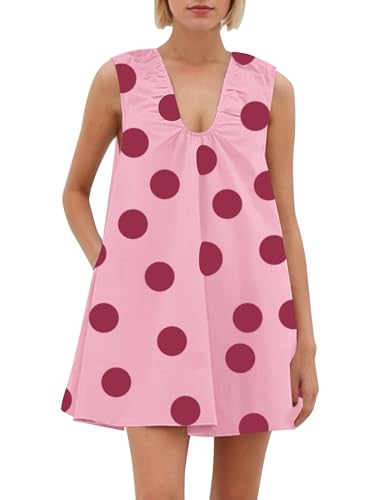 Image of Women Summer Sleeveless Babydoll Mini Dress Scoop Neck Loose Fit Tank Dresses Party Ruched Short Dress with Pockets
