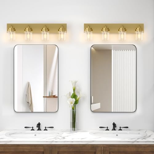 Image of IZORRO Bathroom Vanity Light Fixture, 4-Light 30 Inch Gold Bathroom Light Fixtures Over Mirror, with Clear Glass Shade, Modern Farmhouse Vanity Lights, Rustic Restroom Lighting Fixtures