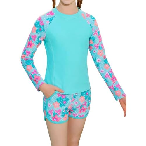 Girls Rash Guard Swimsuit Two Piece Bathing Suit UPF 50+ Sun Protection Long Sleeve Swimwear 6-14 Years 6 Lake Green Flower