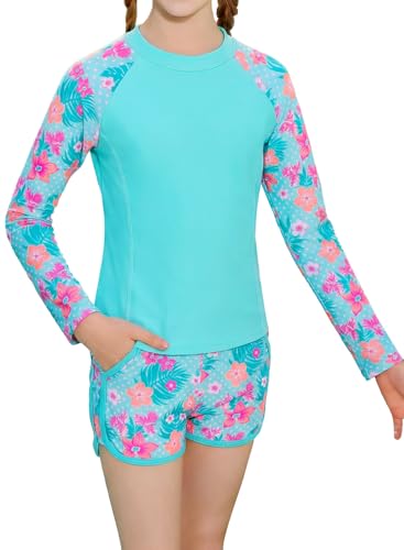Image of Alakuoti Girls Rash Guard Swimsuit Two Piece Bathing Suit UPF 50+ Sun Protection Long Sleeve Swimwear 6-14 Years