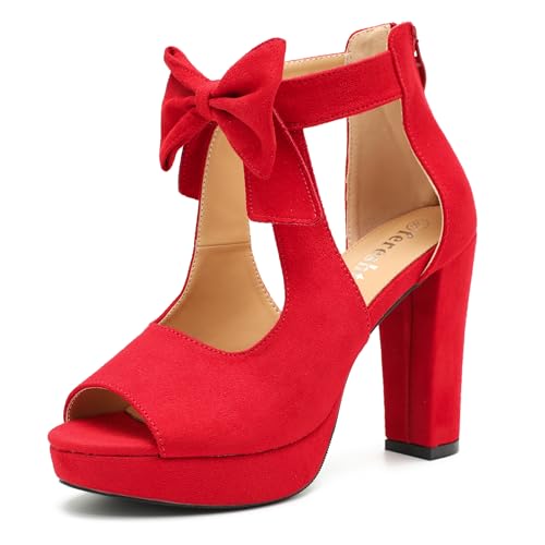 Image of fereshte Women's Bow Chunky Heel Sandals, Platform High Heel, Peep Toe, 3.94 Inch Block Heel