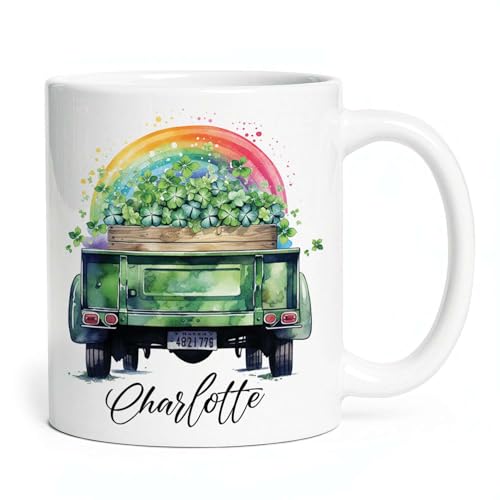 Customized For Truck Filled With Shamrocks Tea Cup, Personalized Name On Novelty Colorful Rainbows Details Coffee Mug For Christian, Custom Heartwarming Clover Cup Gift On Occasion