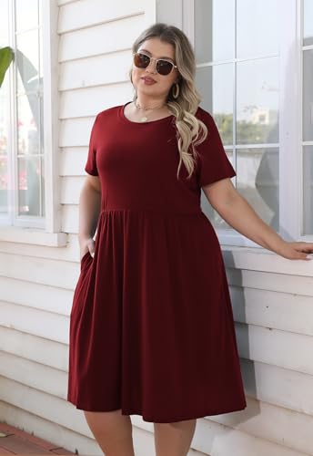Image of Nemidor Women Plus Size Casual Dress Midi Flt Flare Pocket | Stretch knit,short sleeve,elastic waist,sizes 14-26 Plus,swing for curvy women,summer,vacation,church,brunch,party