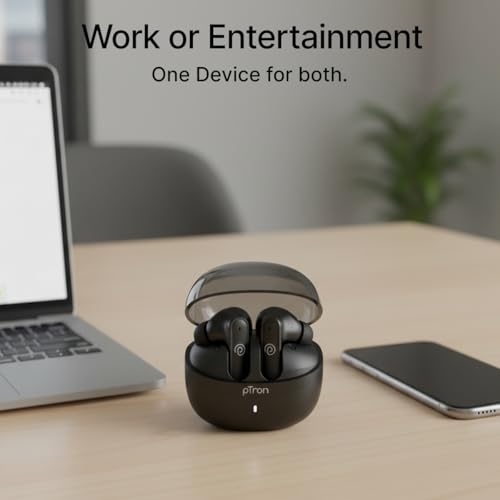 Image of pTron Bassbuds Indie In-Ear TWS Earbuds w / 10mm Drivers, 45Hrs Playtime, Dual HD Mic & AI-ENC Calls, Custom EQ, Mobile App, Bluetooth V5.4 Earphones, Voice Assistant, Type C Charging & IPX5(Jet Black)