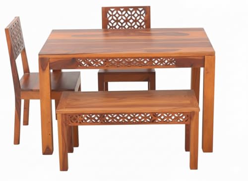 Image of RECTART Solid Wood Dining Table Set with Chairs for Living Room Home | Wooden Dining Room Sets Furniture for Hotels and Restaurants | (Natural Teak CNC Top, 4 Seater with Bench)