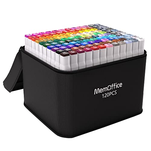 MemOffice 120 Colors Dual Tip Artist Alcohol Markers Set with Carrying Case - Perfect for Coloring, Drawing, Sketching, Card Making and Illustration - Perfect for Adults and Kids