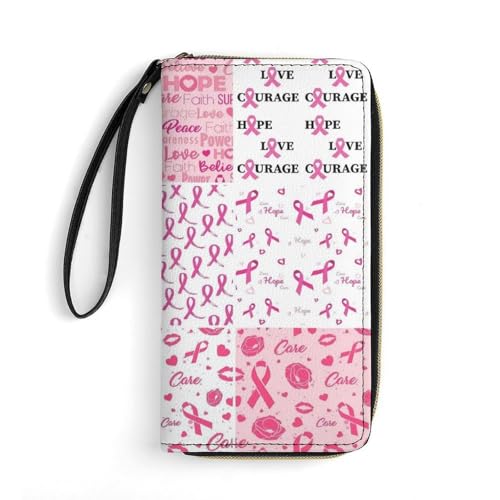 BSUYGET Breast Cancer Awareness Leather Wallet for Women Fashion Long Purse with Zipper Credit Card Holder