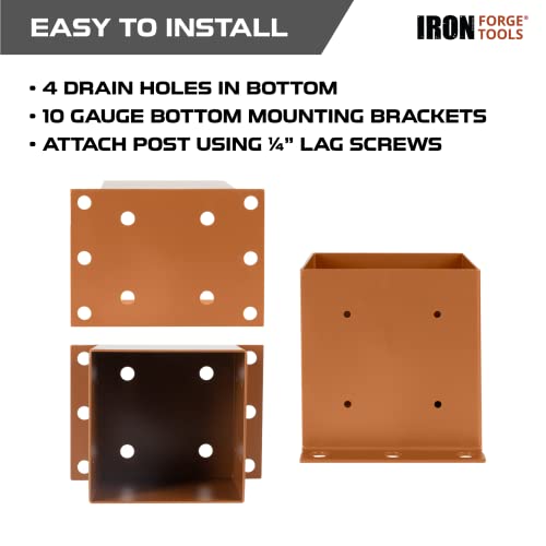 Image of Iron Forge Tools 6x6 Post Base for Concrete, 4 Pack 5.9 inchx 5.9 inch, Brown Powder Coated Heavy Duty Steel Fence Post Anchors for Wood Deck, Fence, Porch, Railing or Pergola Brackets