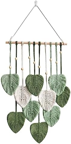 Bohemian Leaf Macrame Wall Hanging Tapestry - Green Handmade Macrame Decoration For Bedroom Living Room Nursery 47x29 Inches With Wooden Beads