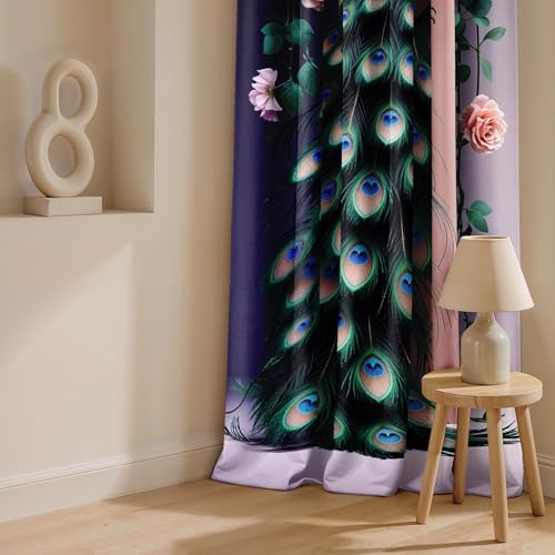 Image of Ultimate Trends Room Darkening Digital Printed Peacock Prints Curtain 65-70% Opacity,Diamond Eyelets, Tie Back, 8 FEET Pack of 1,Lilac & Cream