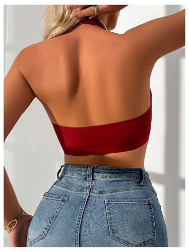 Image of SOLY HUX Bras for Women Halter Lace Front Closure Bra Wireless Deep V Triangle Bralette Solid Burgundy Large
