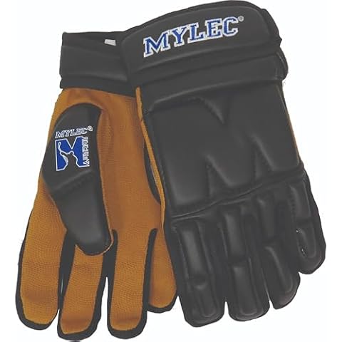 MyLec Men's Hockey Gloves, Velcro Strap with Perfect Fit, Printed Branding Logo, Hockey Stuff with Tough Nash Palm, Lightweight, Durable & Breathable, Protected with EVA Foam(Medium,Black) Cover