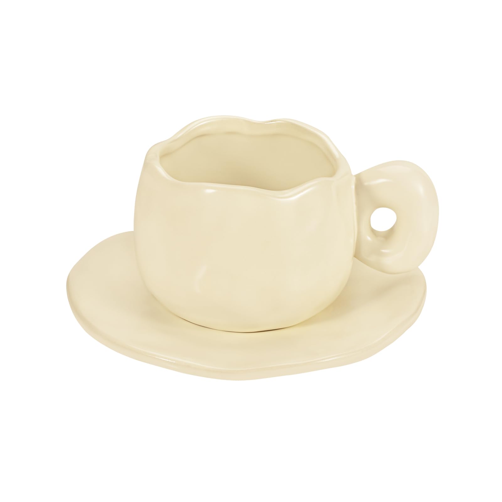 Koythin Ceramic Coffee Mug with Saucer Set, Cute Creative Hand-made Morandi Style Cup Saucer for Office and Home, Dishwasher and Microwave Safe, 8.5 oz/250 ml for Latte Tea Milk (Beige)