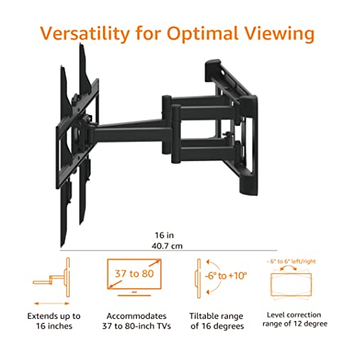 Image of Amazon Basics Heavy Duty Dual Arm, Full Motion Articulating TV Mount for 37 inch to 80 inch TVs up to 132 lbs, VESA Compatible, Fits LED LCD OLED Flat Curved Screens, Black