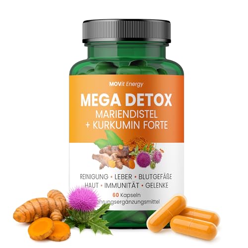 MOVit Mega Detox Mariendistel + Curcumin FORTE, Mit 200 mg Silymarin & 300 mg Curcumin, Angereichert mit Piperin, Für Leberfunktion, Entgiftung & Immunsystem - 60 vegane Kapseln