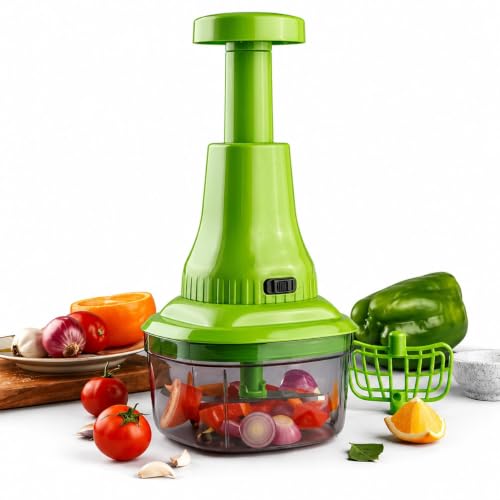 Image of Manual Push Vegetable Chopper with 6 Stainless Steel Blades (650ml, Multicolor) | Heavy Duty Hand Press Food Processor & Whisk for Onion, Salad, Chutney & Gravy