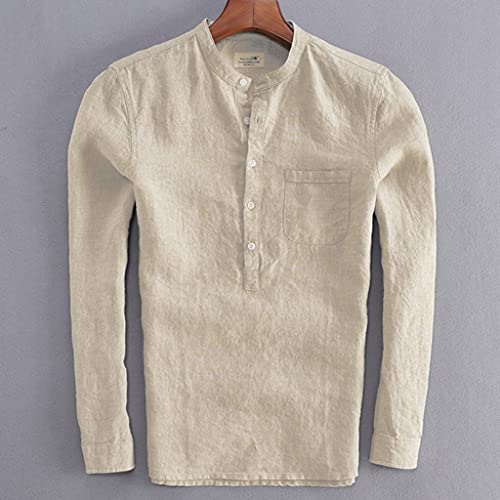 Blusa de manga comprida com botão sólida masculina vintage cores de linho retrô camisas masculinas c