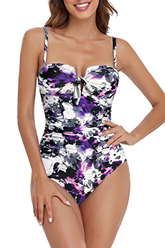 Misfuso Maillot de Bain Femme Une Pièce avec Nœud Papillon,Ventre Contrôlé Froncé Monokini Violet Blanc L Cover