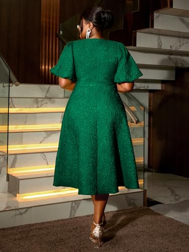 Image of AOMEI Women's Irregular Neck with Flower Short Puff Sleeve High Waist A-Line Jacquard Dress