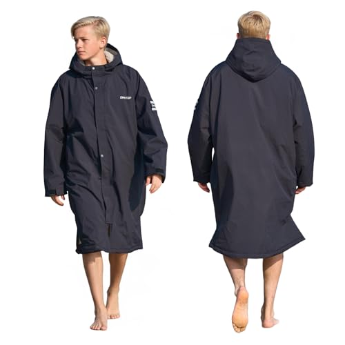 Owntop Waterproof Swim Parka for Kids Youths and Adults - Unisex Hooded Surf Poncho, Oversized High-Low Hem Windproof Changing Robe, Sherpa Winter Warm Beach Towel Jacket with Pockets Black XXS