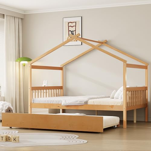 Image of Full Size Creativity House Bed with Roof Frame and Twin Size Trundle, Montessori Wooden Platform Bed with Sturdy Slats Support for Kids Teens Girls Boys, No Box Spring Needed (Natural-02, Full)