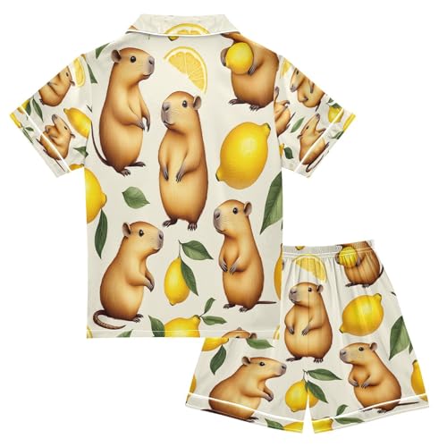 Satin Pajama Sets Short Sleeve Capybara Lemon Button Down Silky Nightwear 2 Piece PJS 5-14Y2