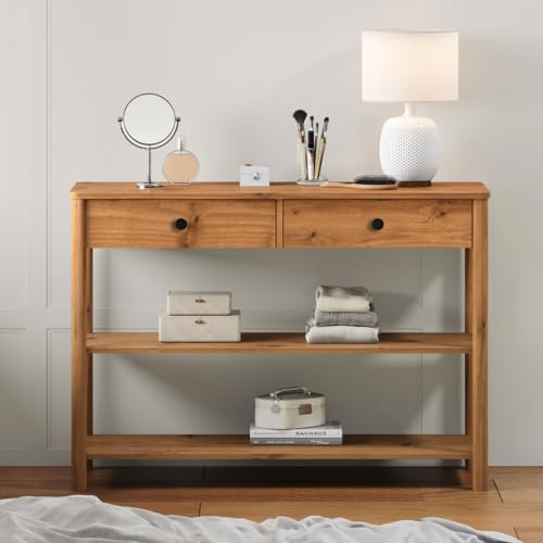 IDIMEX Mesa consola Apoana de madera maciza de 110 cm, colores roble, con 2 cajones y 2 estantes, ideal como mesa estrecha de pasillo o mesa de almacenamiento, versátil en el salón o dormitorio