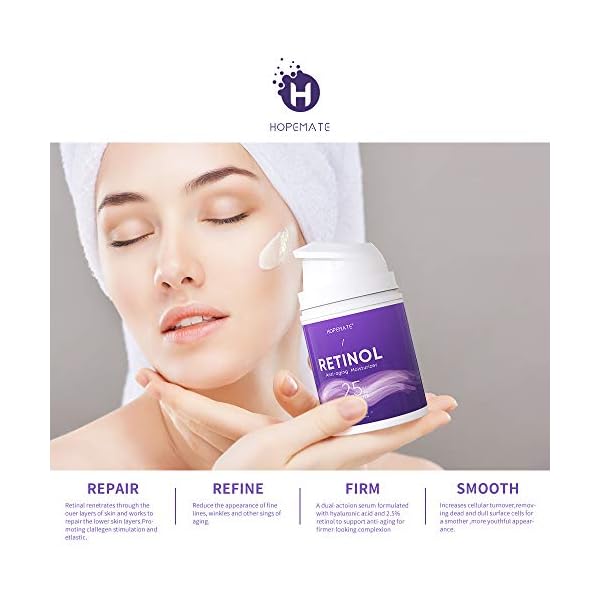 HOPEMATE-Premium-Retinol-Cream-Anti-Aging-Moisturizer-Cream-25-for-Face-and-Eye-Care-Anti-Wrinkle-Essence-with-Hyaluronic-Acid-Vitamin-E-and-Green-Tea-Day-and-Night-Cream-17-FlOz-50ml HOPEMATE Retinol Cream, Anti-Aging Moisturizer Cream 2.5% for Face and Eye Care, Anti-Wrinkle Essence with Hyaluronic Acid, Vitamin E and Green Tea, Day and Night Cream, 1.7 Fl.Oz, 50ml