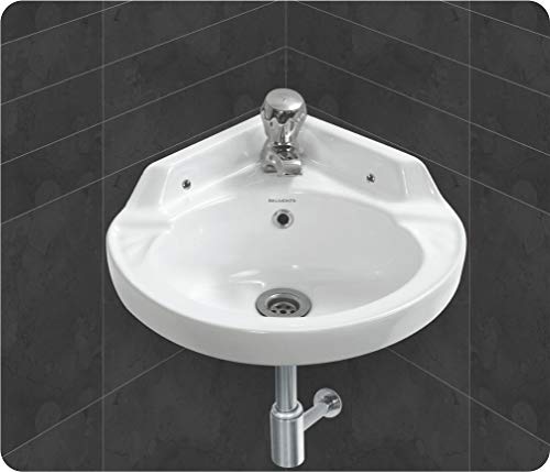 Image of Corner Wash Basin Wall Hung Mounted Glossy Finish White Sink for Bathroom - (16 x 16 x 7 Inch)