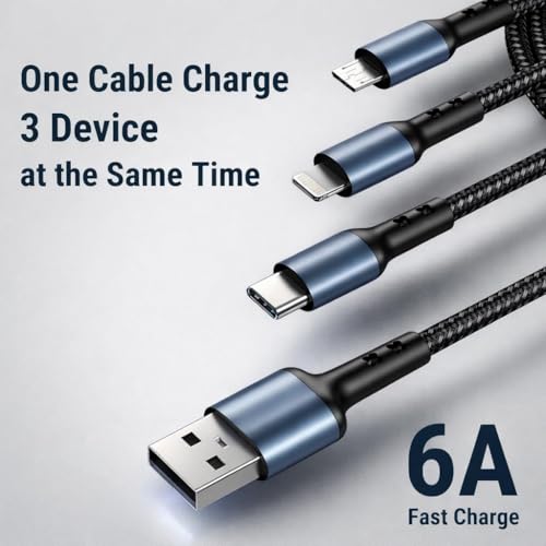Image of 3-in-1 65W Multi Fast Charging Cable - 5A Nylon Braided 4FT Cable with Type-C & Micro USB for iPhone, iPad, Samsung,OnePlus,Xiaomi, Oppo,Vivo,Android & Car Charging (Black)