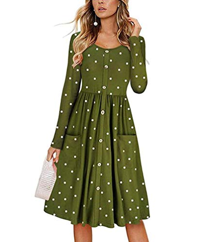 Teeuiear Women's Pleated Autumn Winter Polka Dot Print Button Down Dress Loose Swing Casual Tunic Cocktail Long Sleeve Dresses with Pocket (XL, Army Green)
