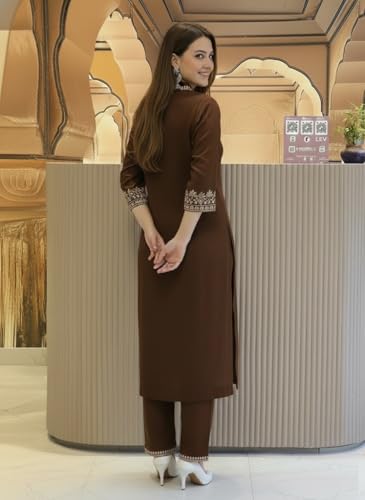 Image of SHEINZY Women's Embroidered Kurta Set with Pants | 3 /4 Sleeve V-Neck Kurti with Floral Thread Work | Ethnic Indian Wear for Casual & Festive Occasions | Comfortable Co-ord