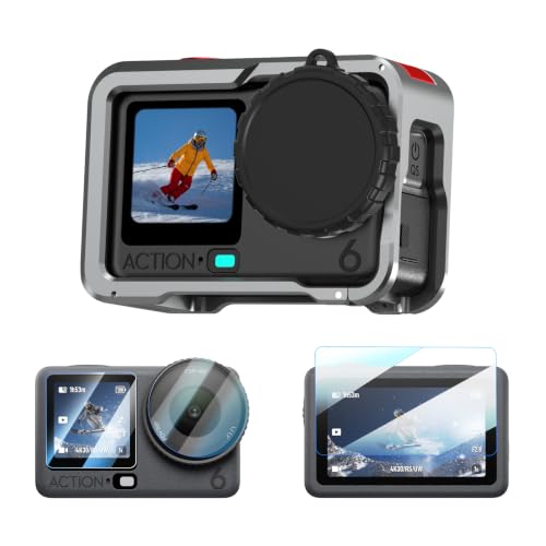 BRDRC Action 6 Camera Cage + Screen Protector Accessories Kit Aluminum Alloy Protective Frame Cage with Silicone Lens Cap Tempered Glass Lens Film for DJI Osmo Action 6 Protection Pack